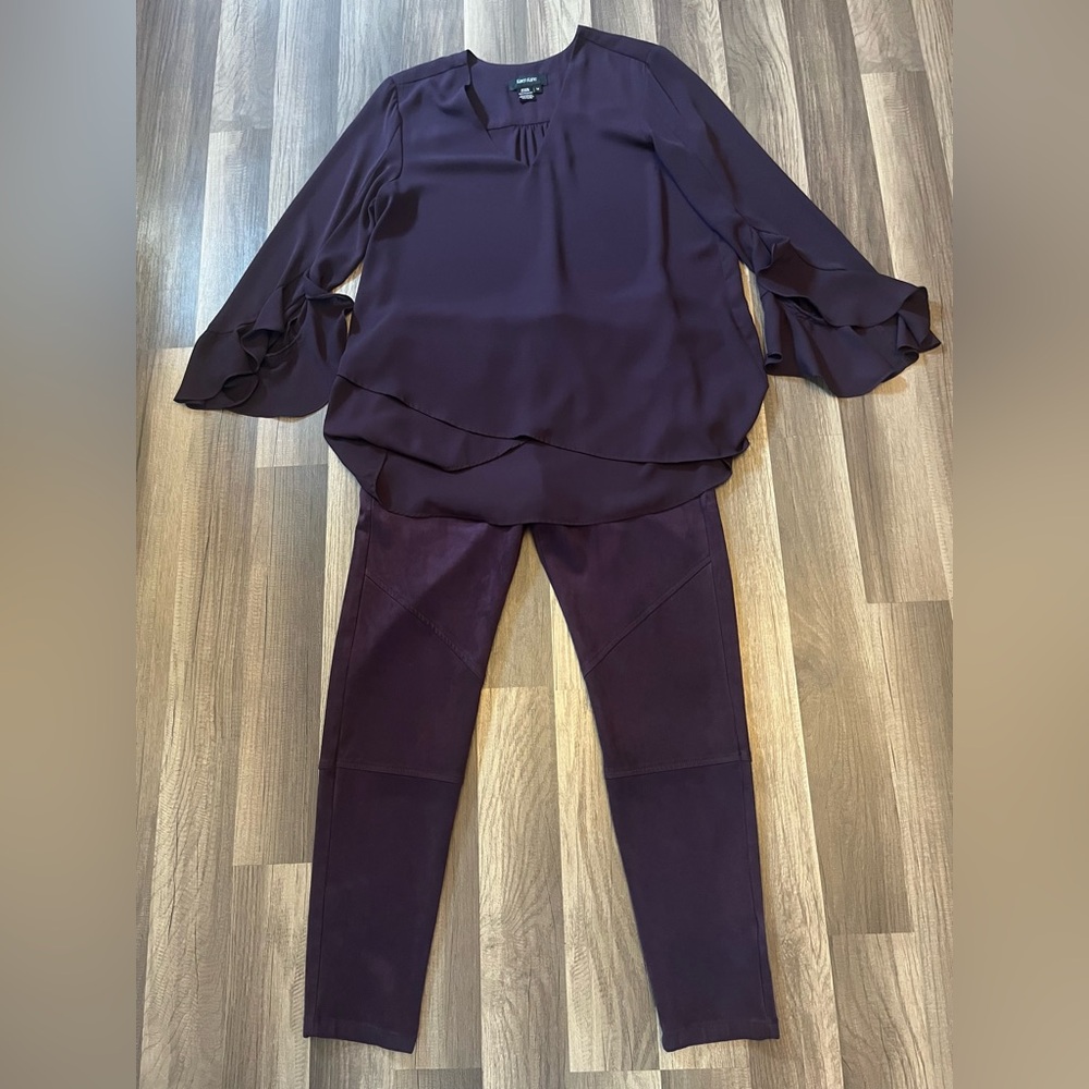 Karen Kane Bracelet Ruffle Sleeve Crossover Top & Faux Suede Moto Pants SZ M/L - Picture 1 of 16